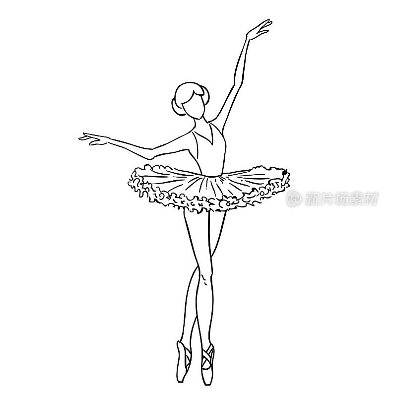 插图素描轮廓画的一个女孩芭蕾舞者黑白素描卡通涂鸦。