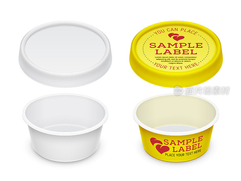 矢量标签空开圆形化妆品容器，奶油，黄油或人造黄油散布。包装插图的模板。