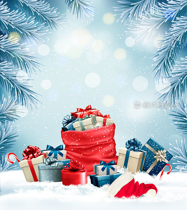 假日圣诞背景与一个装满礼物盒的袋子