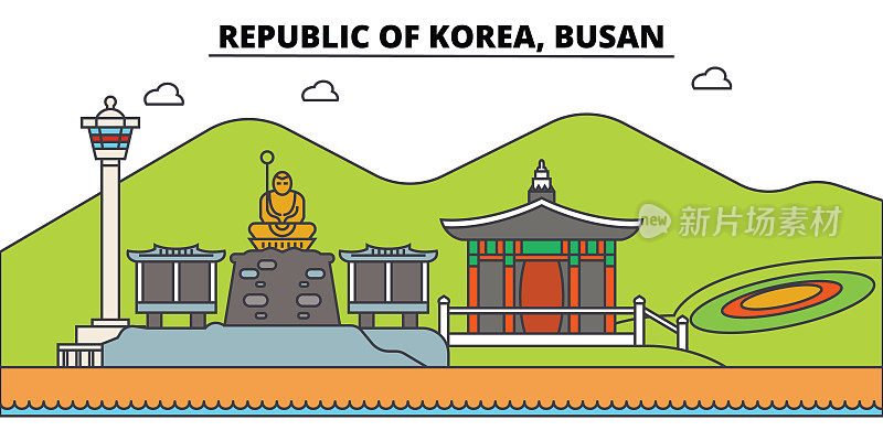 韩国釜山勾勒城市天际线、线性插画、横幅、旅游地标、建筑剪影、矢量