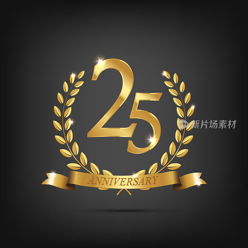 25周年金婚象征。金色的月桂花环带和25周年纪念标志在黑暗的背景。Vector周年设计元素。