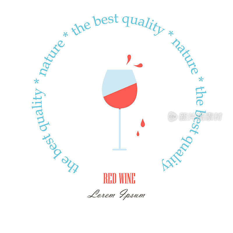 圆标签红酒。线条风格的酒杯上滴着红酒，白藜芦醇，自然，品质最佳。完美的葡萄酒设计