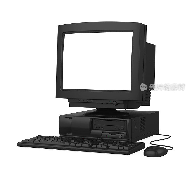 老式台式电脑与一个空白的白色屏幕显示器，键盘和鼠标隔离