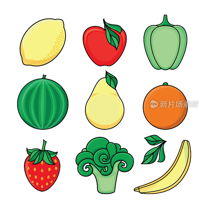 矢量速写风格的新鲜水果，蔬菜集