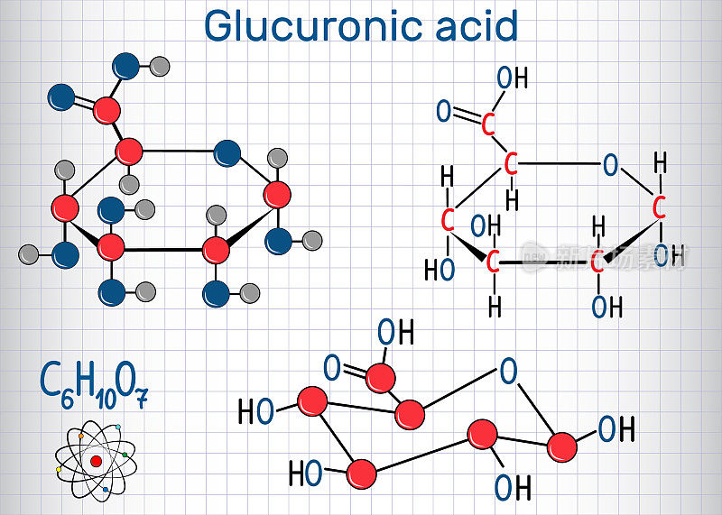 葡萄糖醛酸分子，在微生物、植物和动物的代谢中起着重要的作用。结构化学式和分子模型。笼子里的一张纸