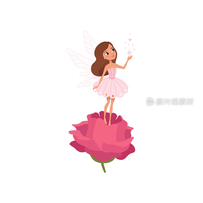 卡通仙女站在玫瑰上，洒下神奇的灰尘。棕色头发的小妖精穿着可爱的粉红色裙子。有翅膀的童话人物。平面向量的设计