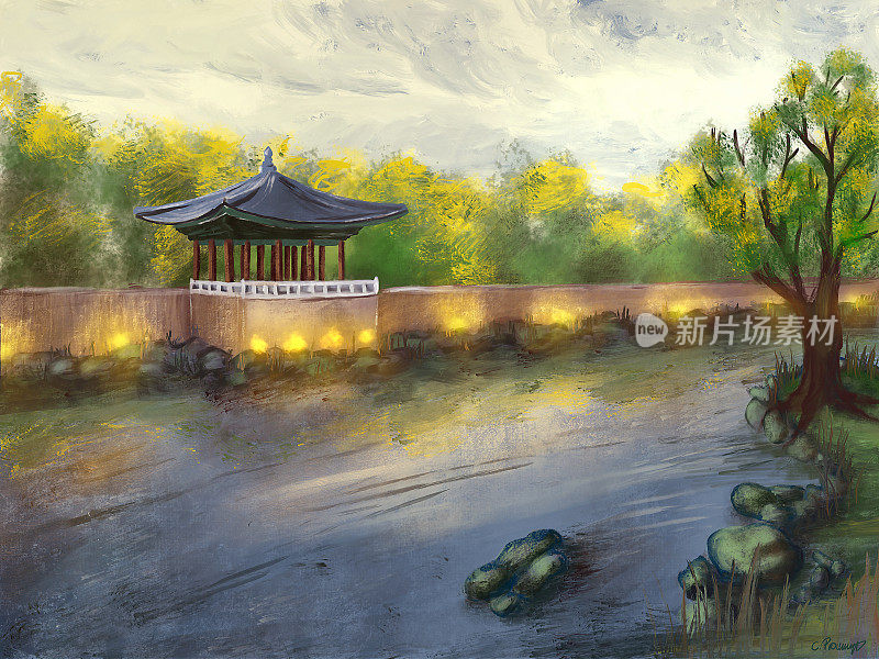 数字画的亚洲看起来建筑旁边的一个池塘