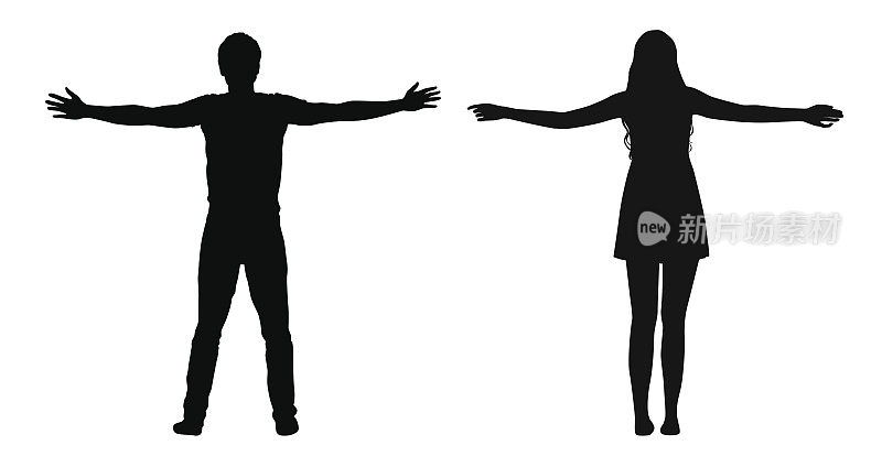 黑色矢量剪影的女人和男人站着分散的武器孤立在白色的背景