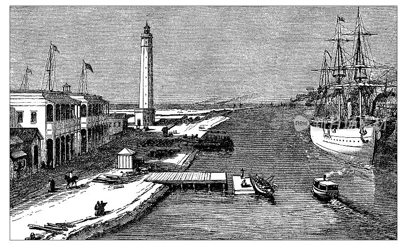 古董版画插图:灯塔与防波堤，塞得港，苏伊士运河