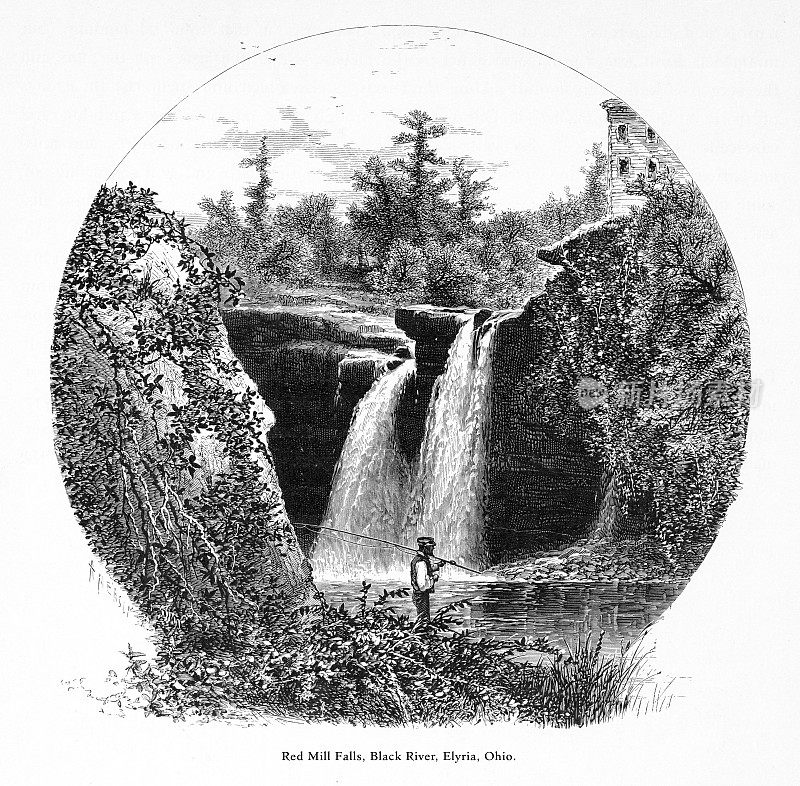 美国俄亥俄州伊利里亚附近黑河的红磨坊瀑布，美国维多利亚版画，1872年