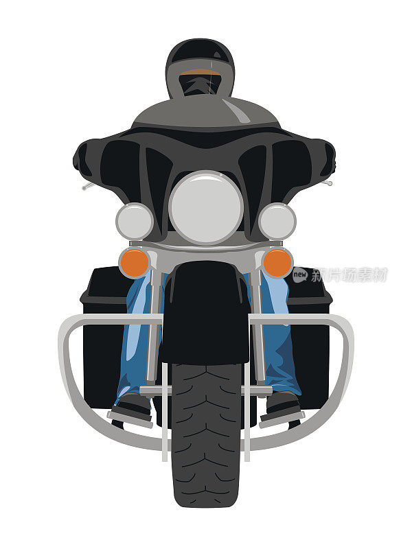 经典的旅游摩托车与骑手的前视图