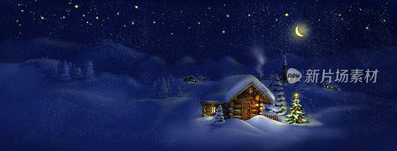 小屋，挂满彩灯的圣诞树，全景景观