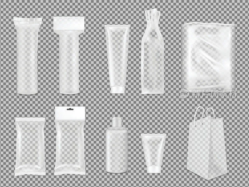 大集合。透明空塑料包装。用于化妆品或药品的空白铝箔小袋