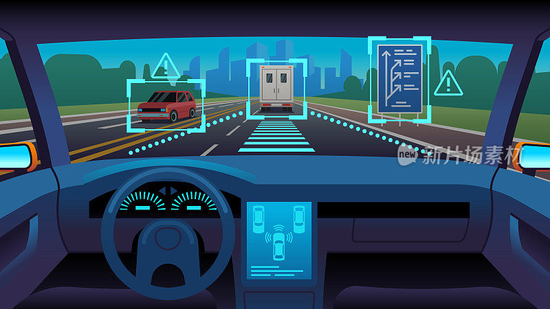 未来的自主车辆。无人驾驶汽车内饰未来的自动驾驶传感器系统gps道路，卡通矢量概念