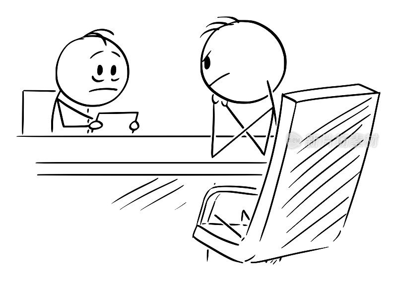 矢量卡通插图胆小的人在面试或雇员面对他的老板或雇主