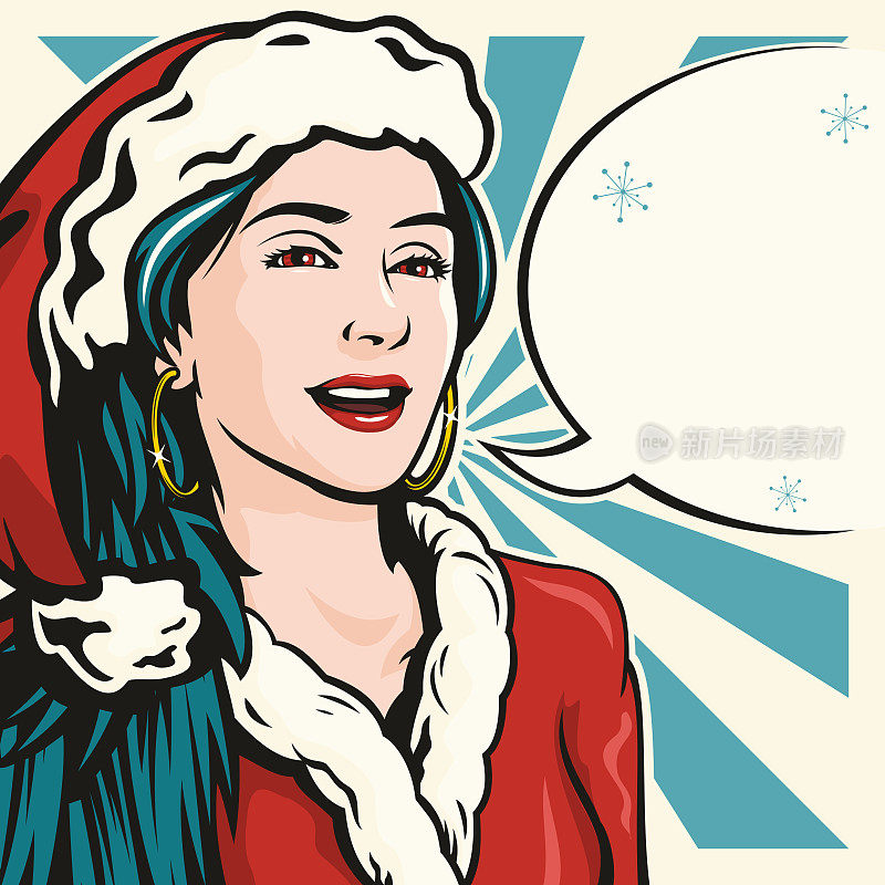 一个快乐的圣诞女人谈话的波普艺术插图