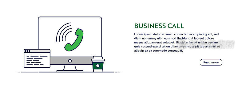 业务呼叫概念与线计算机插图。最小设计的网页横幅,海报,传单和小册子模板与电话图标。
