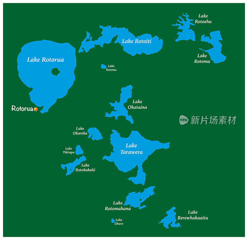 新西兰北岛罗托鲁阿湖区的湖泊地图