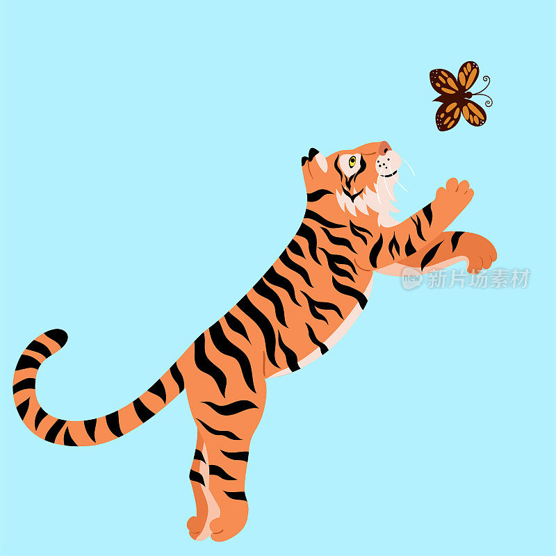 一只老虎在和一只蝴蝶玩。矢量图形