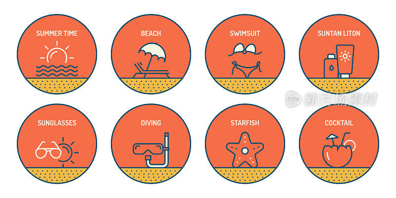 一套夏季，假期和海滩活动相关的线图标。简单的轮廓图标。