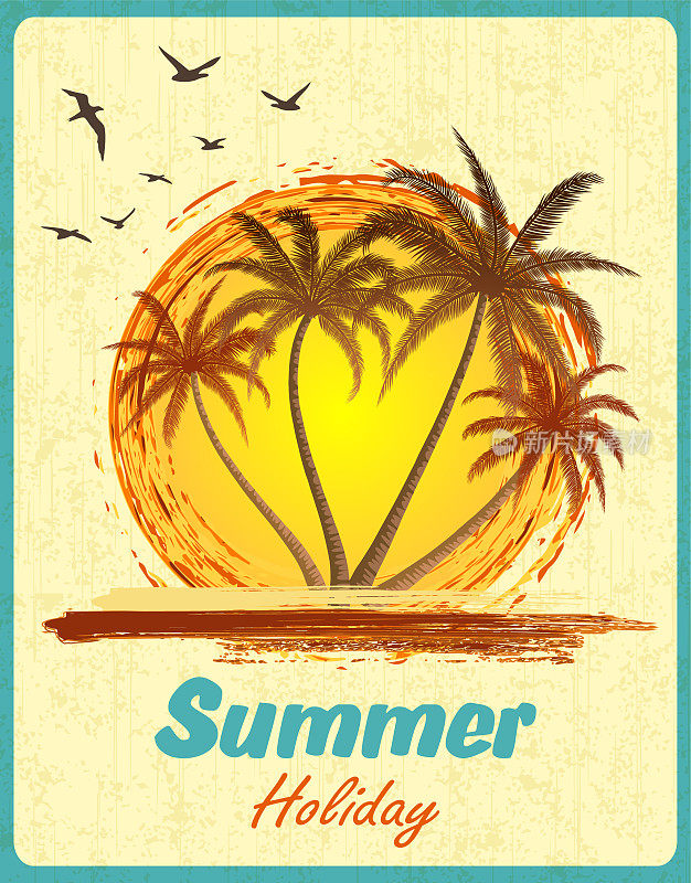 夏日热带日落与棕榈树。复古的枯燥乏味的背景。