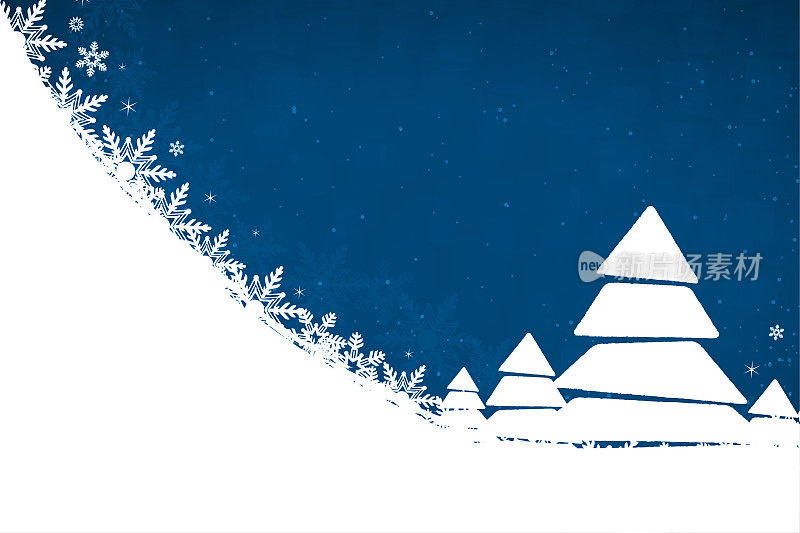 闪闪发光的圣诞节蓝色矢量背景与白色的针叶树和雪和雪花在底部