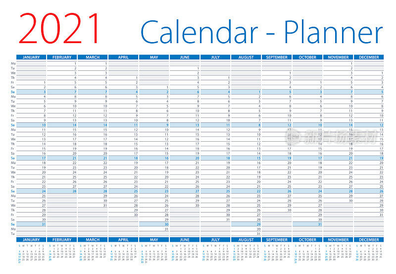 2021年日历计划。矢量插图。