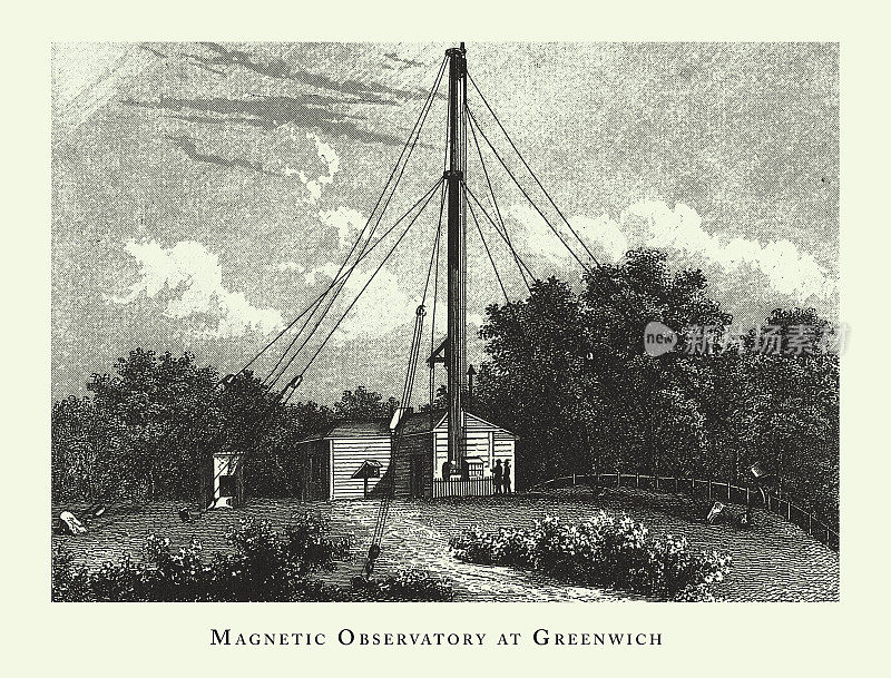 历史的年份，格林尼治磁场天文台，气象要素和仪器雕刻古董插图，出版于1851年