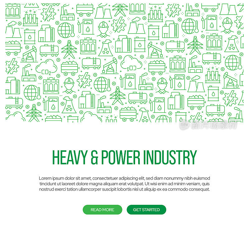 与重工和电力行业相关的横幅设计与图案。现代线条风格图标矢量插图
