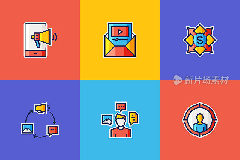 内容营销平面线图标，轮廓向量符号插图。