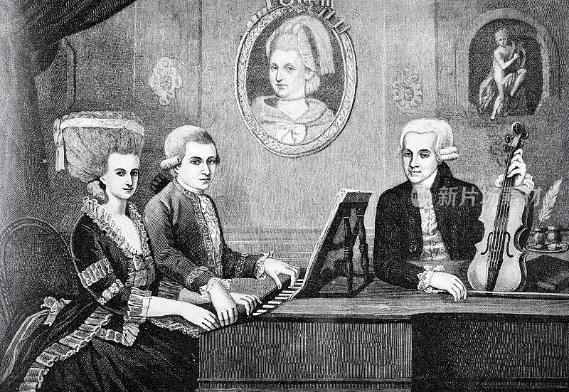 莫扎特家，沃尔夫·阿玛迪斯·莫扎特与父亲和母亲在钢琴旁