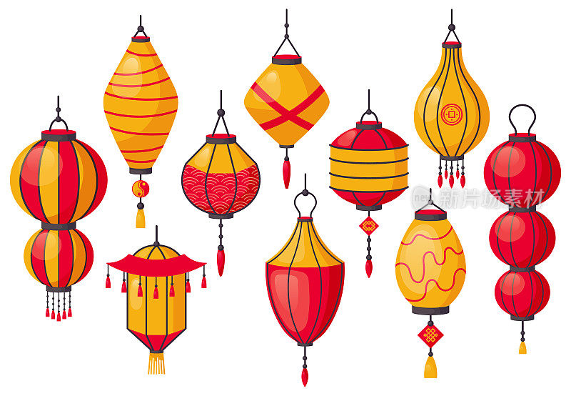 东方传统的灯笼。中国纸灯笼，亚洲街道装饰，唐人街灯笼。传统的纸灯矢量插图