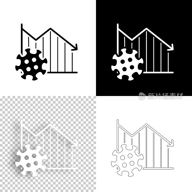 冠状病毒细胞下降图。图标设计。空白，白色和黑色背景-线图标
