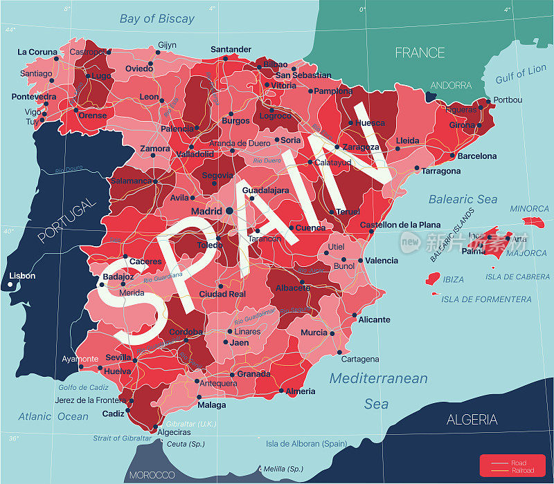 西班牙国家详细编辑地图