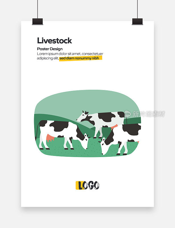 采购产品家畜，农场概念平面设计的海报，封面和横幅。现代平面设计矢量插图。