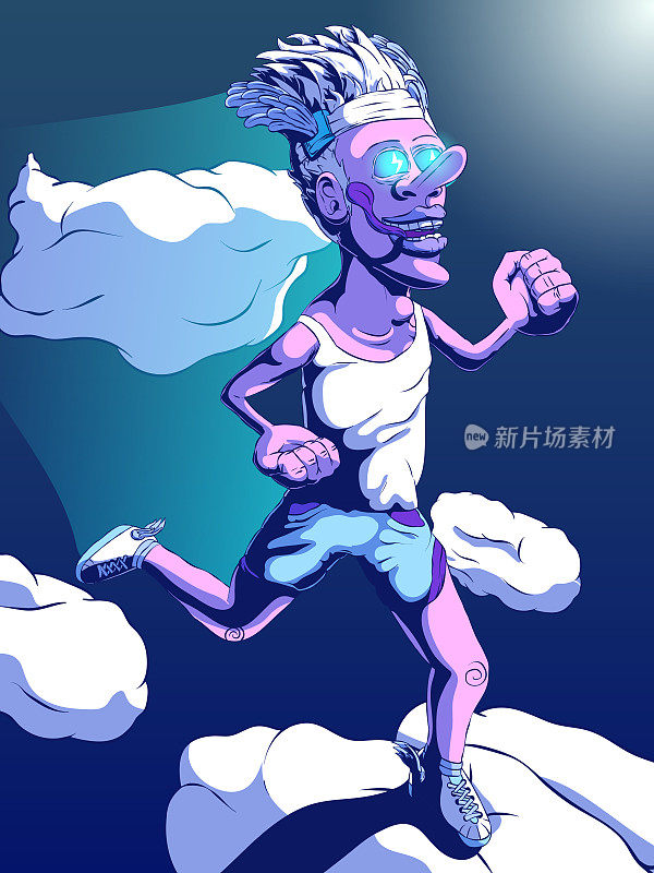 有趣的卡通插图-人跑过云。