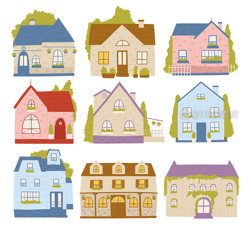 联排别墅、卡通住宅小区、可爱色彩斑斓的小木屋