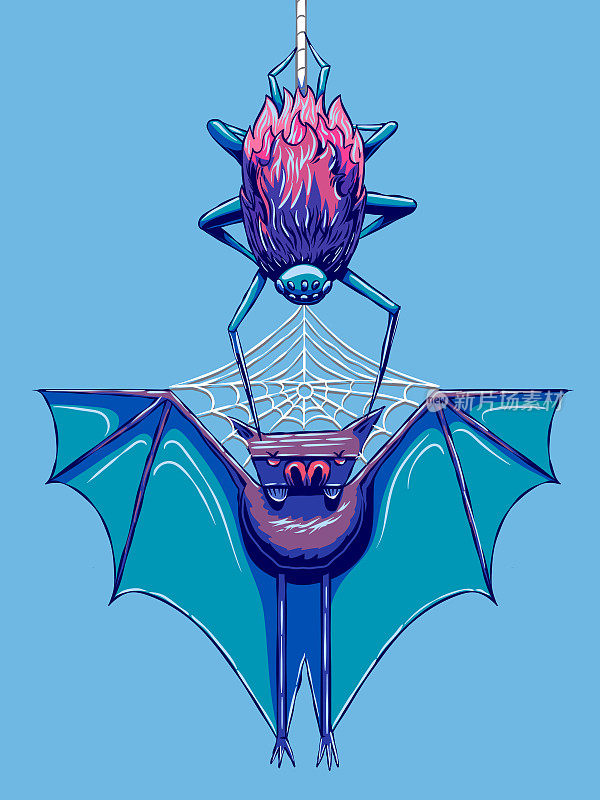 手绘万圣节插图-蝙蝠和蜘蛛。