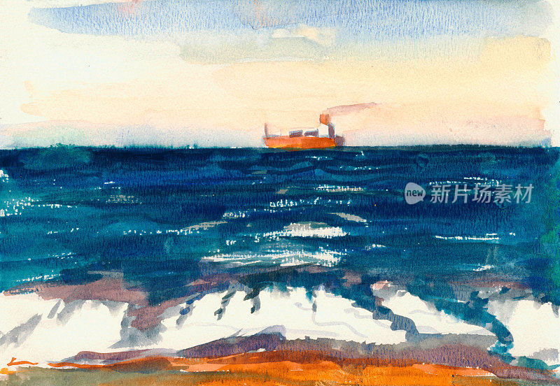 泰坦尼克号的航行。海景。用水彩画的海浪景观。