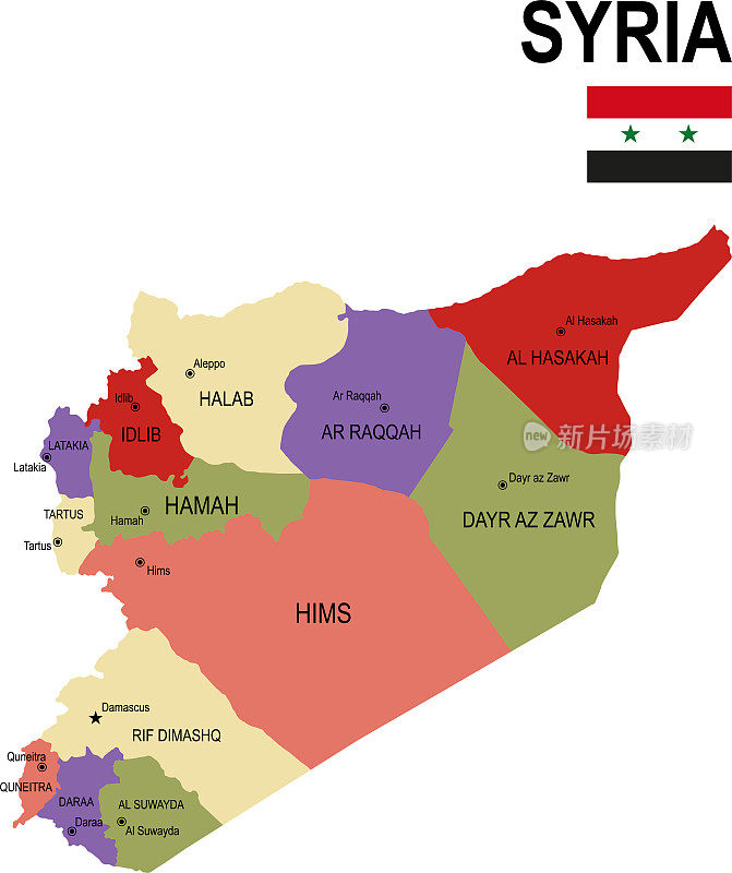 叙利亚彩色平面地图与旗帜