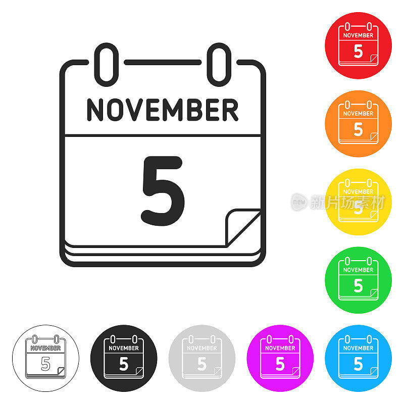 11月5日。按钮上不同颜色的平面图标