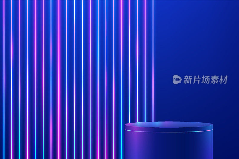抽象蓝色圆柱形基座或讲台。带有垂直发光霓虹灯的科幻蓝色抽象房间概念。矢量渲染三维形状，产品展示展示。未来的场景。