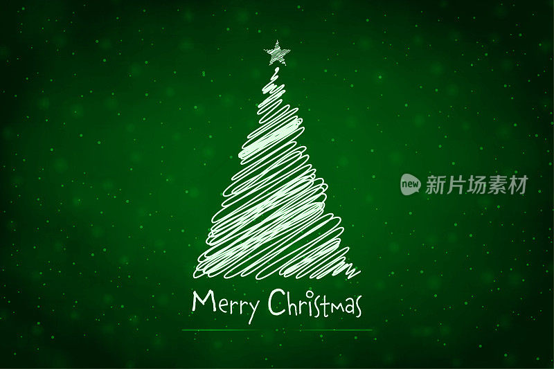 白色三角形形状的手绘潦草树在充满活力的深绿色圣诞节日向量背景与短信圣诞快乐