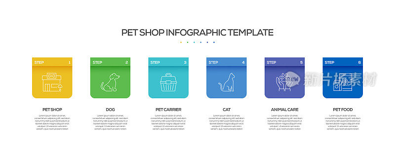 宠物店相关流程信息图表模板。过程时间图。带有线性图标的工作流布局