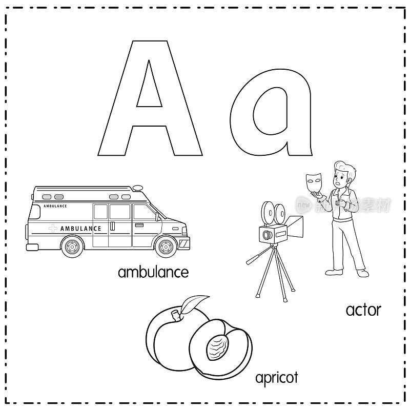 向量插图学习字母A的小写和大写的儿童与3卡通图像。救护车杏的演员。