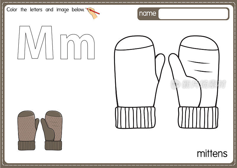 矢量插图的儿童字母着色书页与概述剪贴画，以颜色。字母M代表手套。