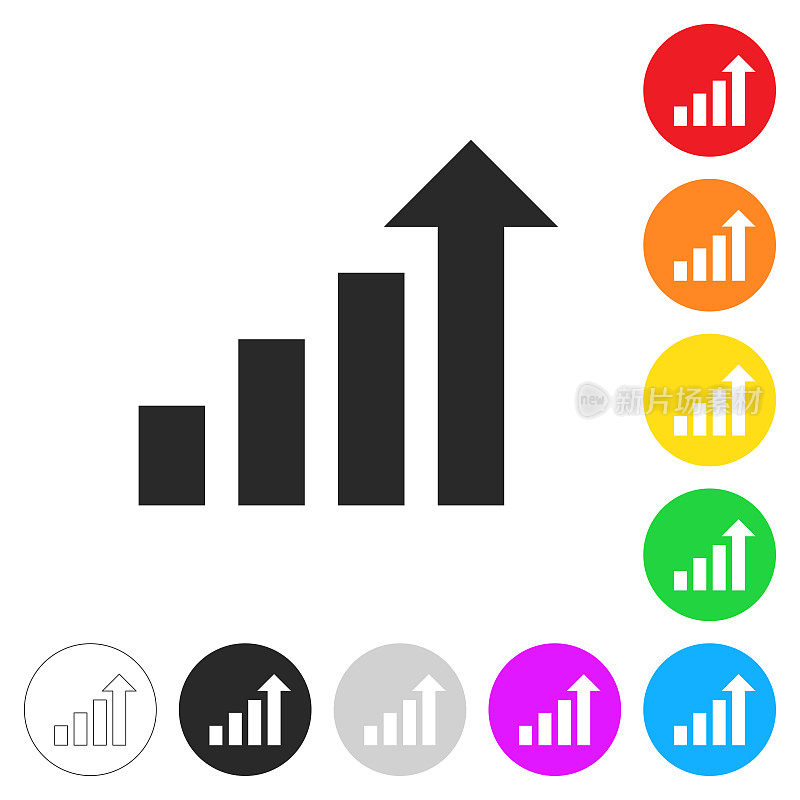 日益增长的图表。按钮上不同颜色的平面图标