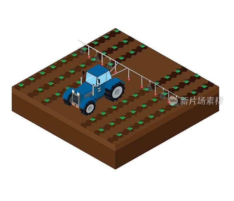 农业机器等距。拖拉机在田里耕作，播种，收割小麦。植物栽培体系。