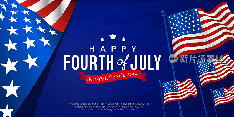 美国独立日快乐，美国独立日祝福语设计为蓝色，美国，美国国旗旗帜背景，海报，销售横幅，折扣横幅，网络横幅，贺卡等。