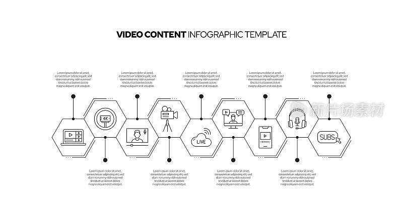视频内容概念矢量线信息图形设计图标。9选项或步骤的介绍，横幅，工作流程布局，流程图等。